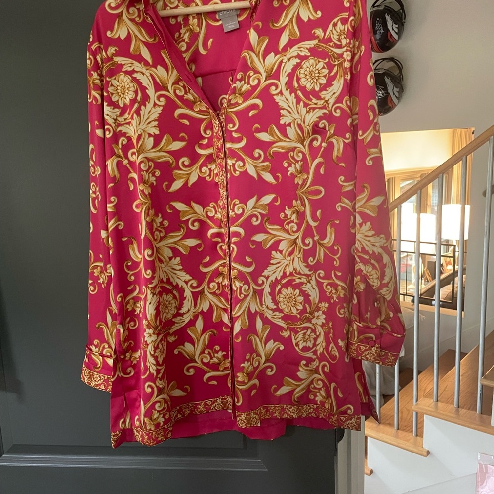Chicos Pink & Gold Baroque Print Satin Blouse